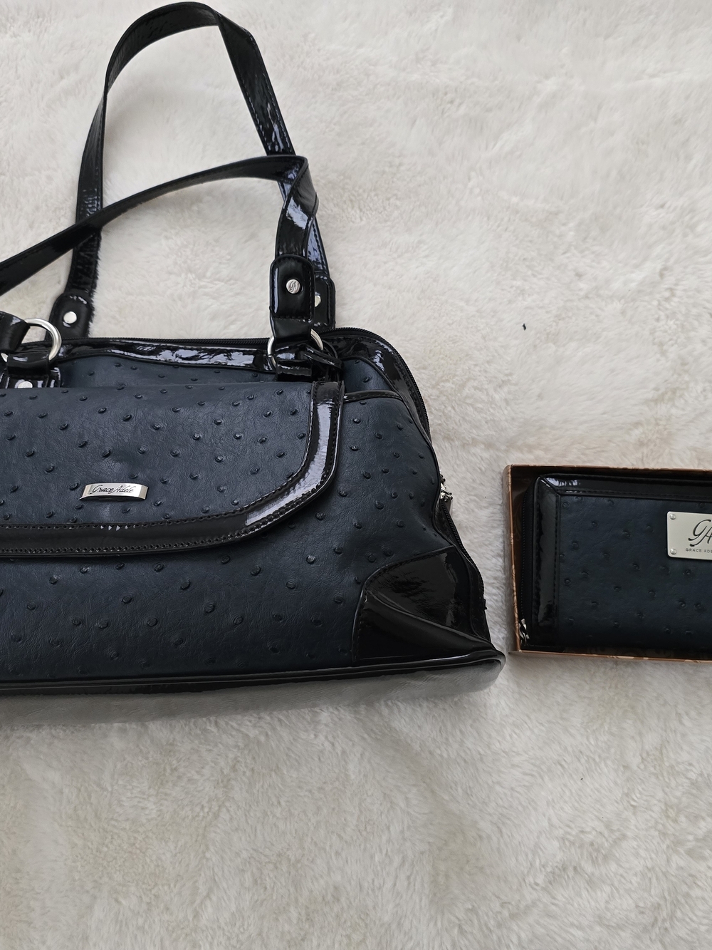 Grace Adele Black Ostrich-Texture Hobo with Patent Trim and Matching Wallet